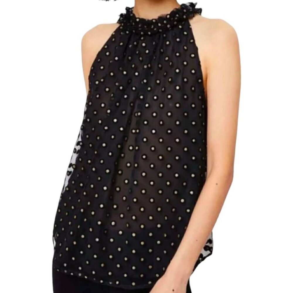 Black Halter Neck Polka Dot Top Ruffle Coquette Flocking By‎ Loft Women Small